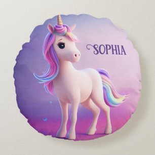 Coussins Ronds Cute Unicorne Blanche Avec Rose & Bleu Mane