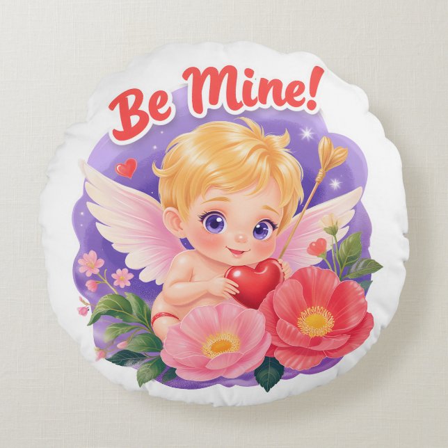 Coussins Ronds Cute Valentine's Day Cupid with "Be Mine" (Devant)