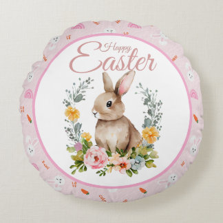 Coussins Ronds Cute Watercolor Bunny Floral Wreath Easter