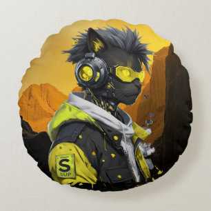 Coussins Ronds Cyber Cat Chat Hacker Néon Futuriste Cyberpunk