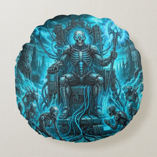Coussins Ronds Cyber Skeleton King & Grim Reaper Bleu Électrique  (Devant)