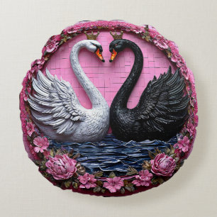 Coussins Ronds Cygnes noirs et blancs élégants avec couronne