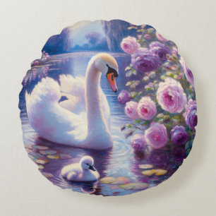Coussins Ronds Cygnet blanc avec Roses violets