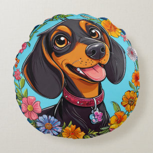 Coussins Ronds Dachshund joyeux entouré de fleurs colorées