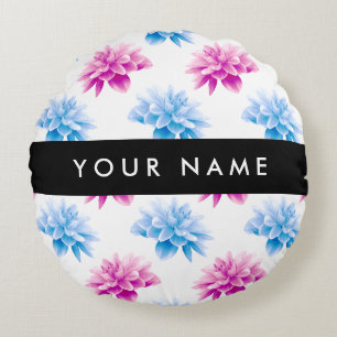 Coussins Ronds Dahlia rose et bleu, motif floral, Votre nom