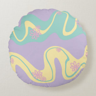 Coussins Ronds Daisy Groove Pastel Rose, Jaune, Violet & Vert