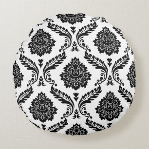 Coussins Ronds Damas Rococo Grand Motif Noir sur Blanc