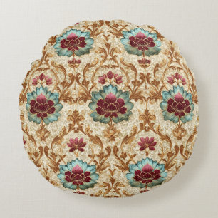 Coussins Ronds Damassé floral vintage en turquoise et burgundy