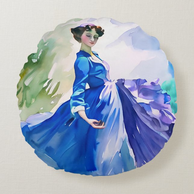 Coussins Ronds Dame en Robe Bleue - Peinture aquarelle (Devant)