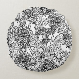 Coussins Ronds Dandelions, noir et blanc