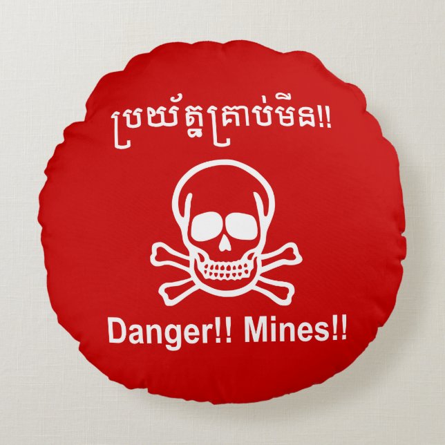 Coussins Ronds Danger ! ! Les mines ! ! SYMBOLE ☠ Cambodgien Khme (Devant)