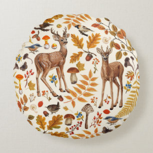 Coussins Ronds Dans les bois / Cerf d'automne sur le blanc