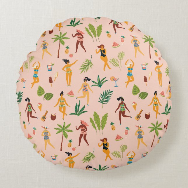Coussins Ronds Danseuses, motif feuille de palmier. (Devant)