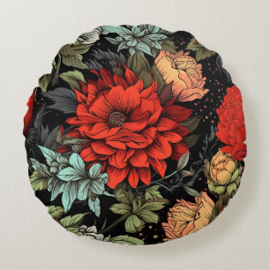 Coussins Ronds Dark Academia Maximaliste Fleur de Dahlia Rouge