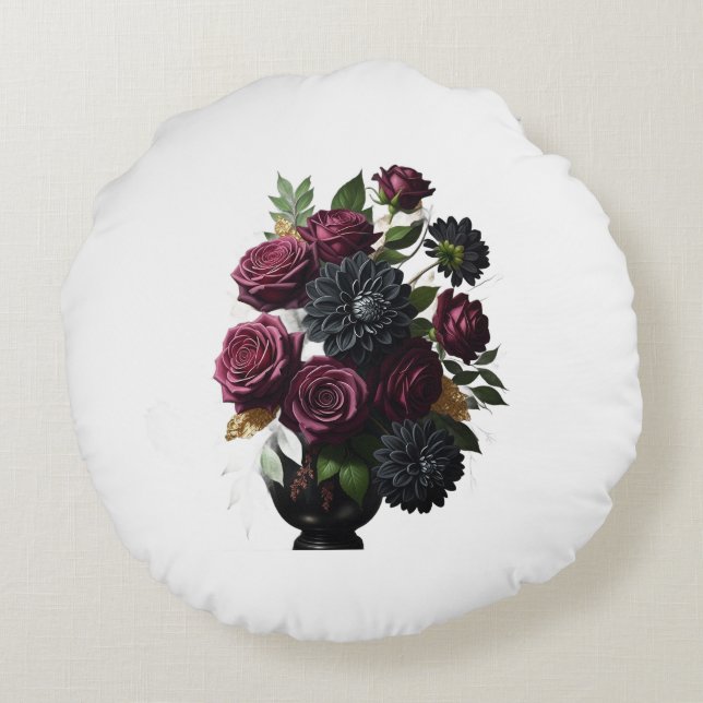 Coussins Ronds Dark Burgundy Roses and Black Dahlias (Dos)