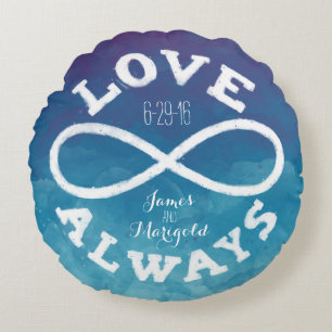Coussins Ronds Date de mariage amour infini aquarelle bleue, Noms
