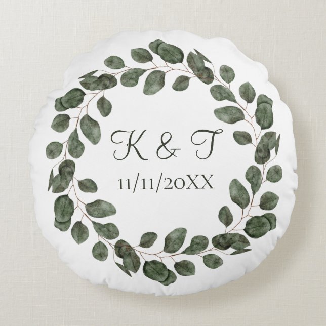 Coussins Ronds Date de mariage Monogramme Feuilles d'Eucalyptus É (Devant)