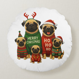 Coussins Ronds 🎄 De mignons pugs de Noël dans des pulls festifs