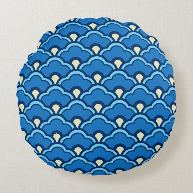 Coussins Ronds Déco pétoncles chinois, bleu océan et Indigo (Devant)