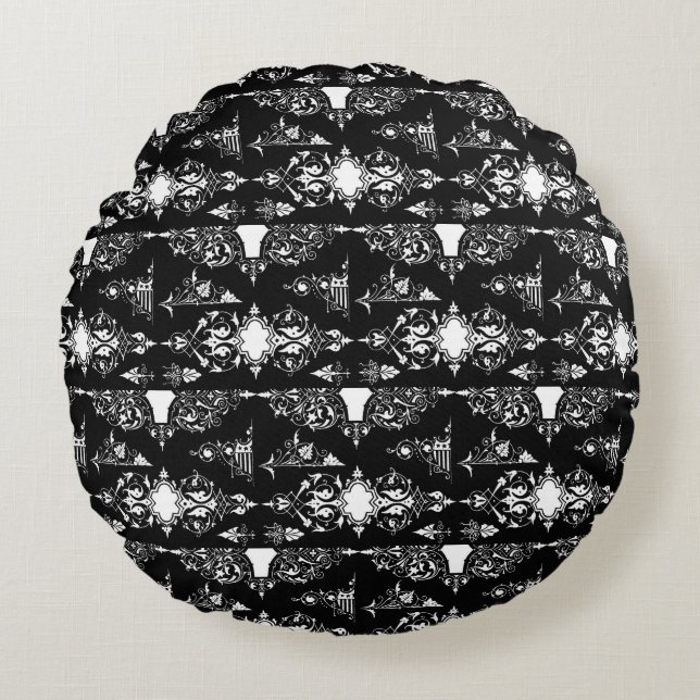 Coussins Ronds Décor d'ornement gothique antique noir blanc (Devant)