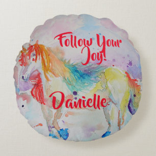 Coussins Ronds Décoration de nom d'enfant licorne aquarelle arc-e