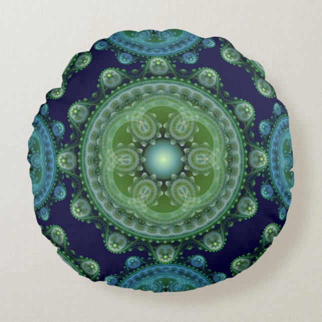 Coussins Ronds Décoration orientale bleue verte fractale (Devant)