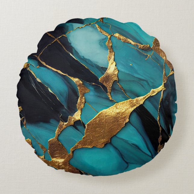 Coussins Ronds Deep Teal Marble with Bold Gold Veins (Devant)