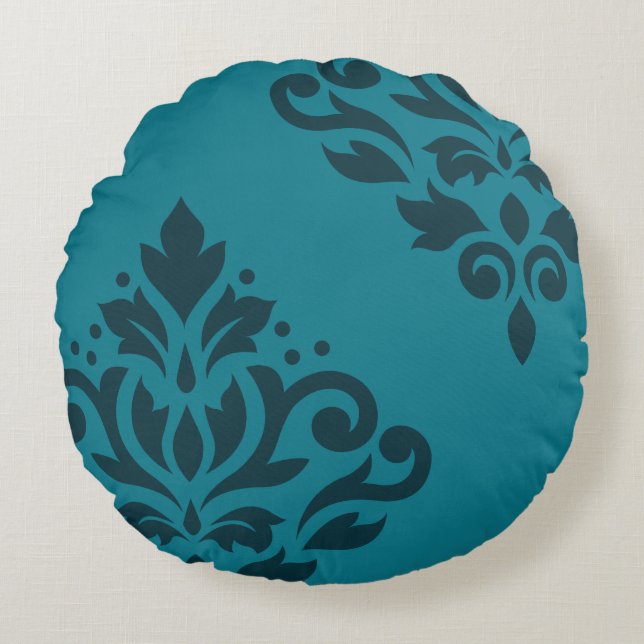 Coussins Ronds Défiler Damask Art I 2Way foncé et mi-Turquoise (Devant)