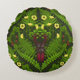 Coussins Ronds Dendroctones et fougères, feuilles verts