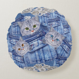 Coussins Ronds Denim Jean poches, chatons et dentelle
