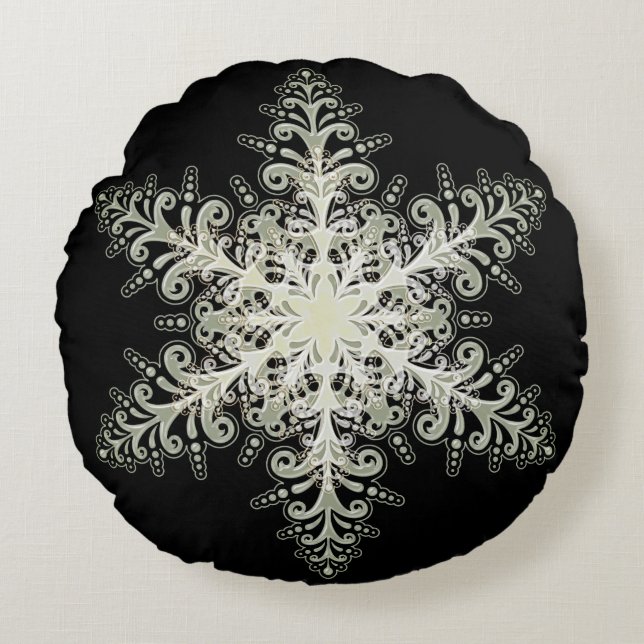 Coussins Ronds Dentelle de glace Snowflake hiver blanc et noir él (Devant)