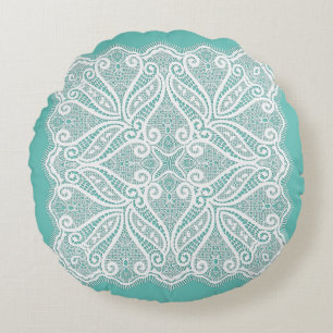Coussins Ronds Dentelle doily turquoise blanc vintage vieux mode