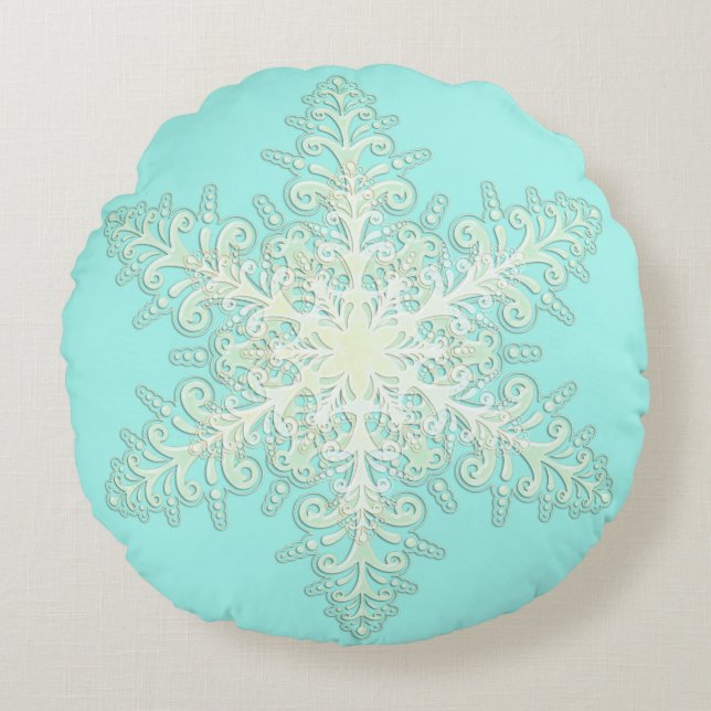 Coussins Ronds Dentelle glacée Snowflake hiver blanc et turquoise (Devant)