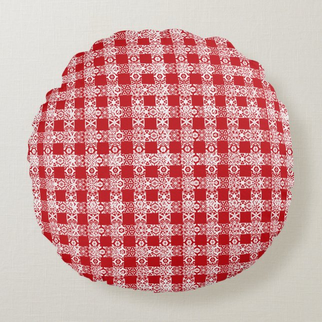 Coussins Ronds Dentelle rouge plaid blanc vintage motif (Devant)