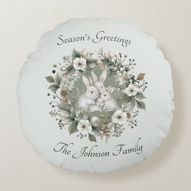Coussins Ronds Des lapins mignons dans une couronne d'hiver flora (Devant)