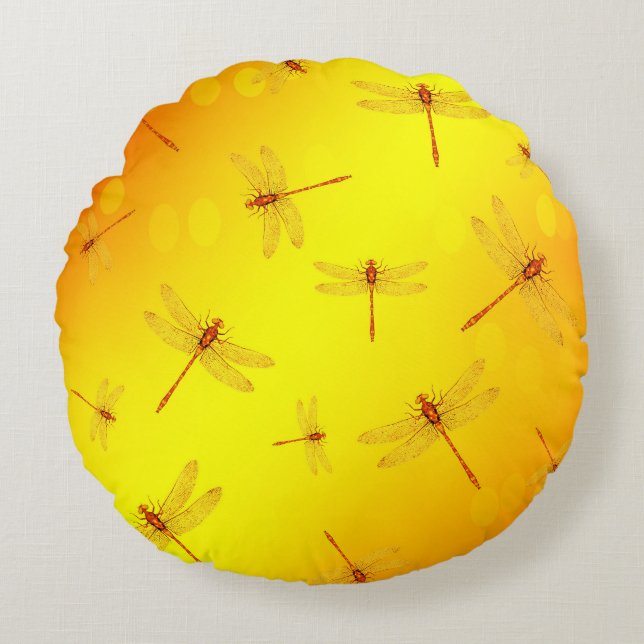 Coussins Ronds Des libellules jaunes dorées volent, (Devant)