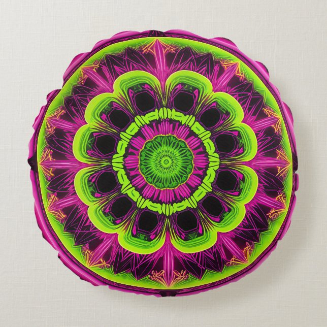 Coussins Ronds Design Kaleidoscope Rose Neon Et Vert (Devant)