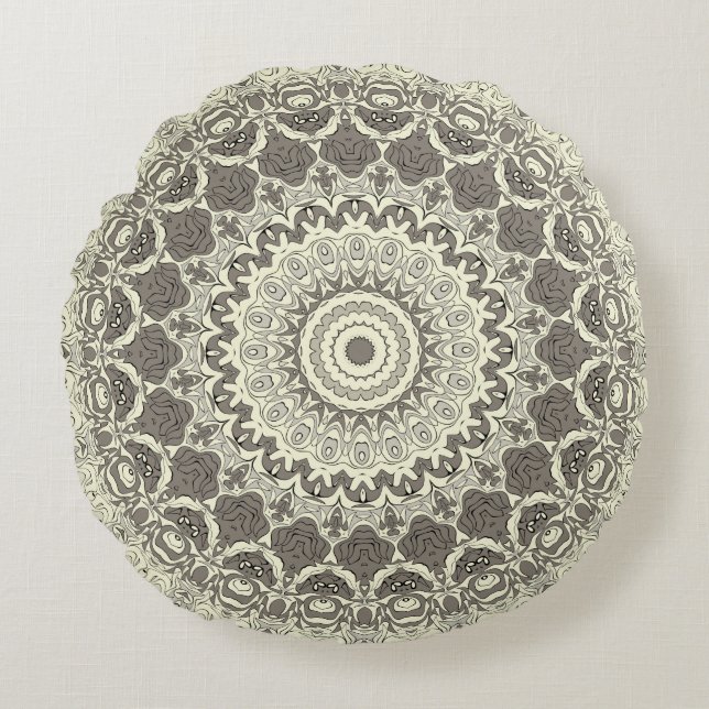 Coussins Ronds Design Motif en mandala beige et taupe (Devant)