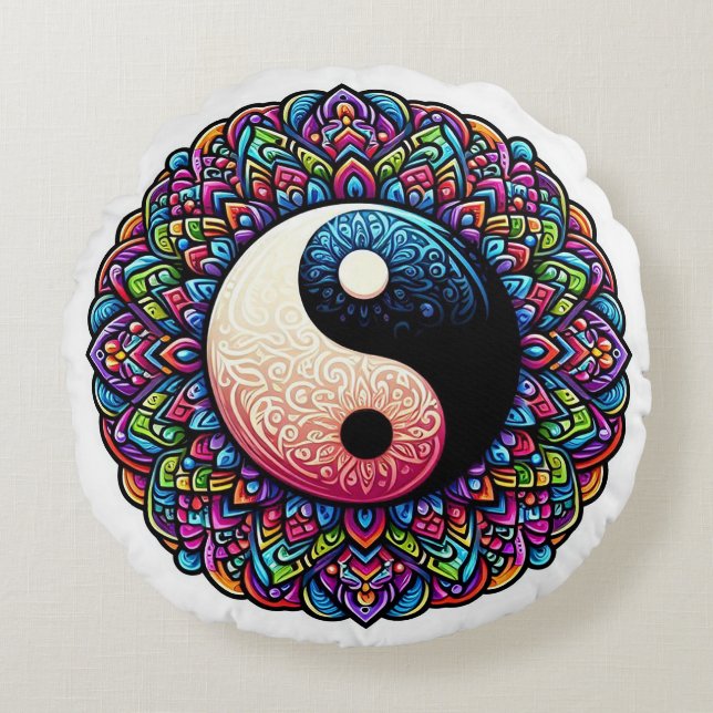 Coussins Ronds Design Yin Yang Mandala (Devant)