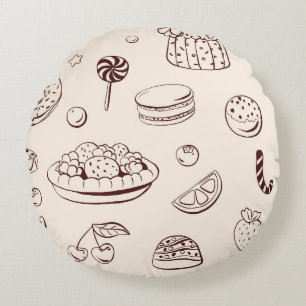Coussins Ronds Desserts Sucrés & Motif de Dessin au Trait de Tart