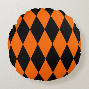 Coussins Ronds Dessin à carreaux de diamants Harlequin noir orang