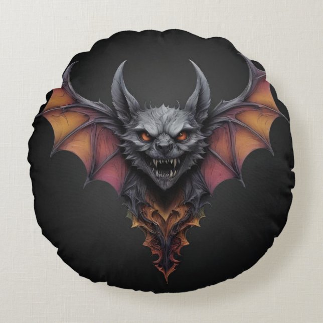 Coussins Ronds Dessin à l'encre de chauve-souris effrayante, (Devant)