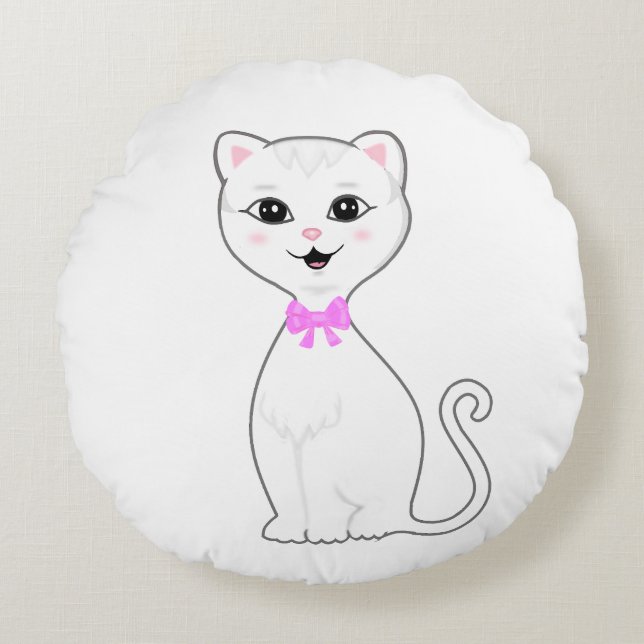 Coussins Ronds Dessin animé de chat blanc intelligent mignon (Devant)