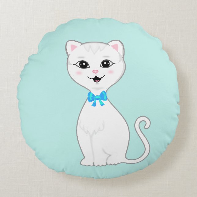 Coussins Ronds Dessin animé de chat blanc intelligent mignon (Devant)
