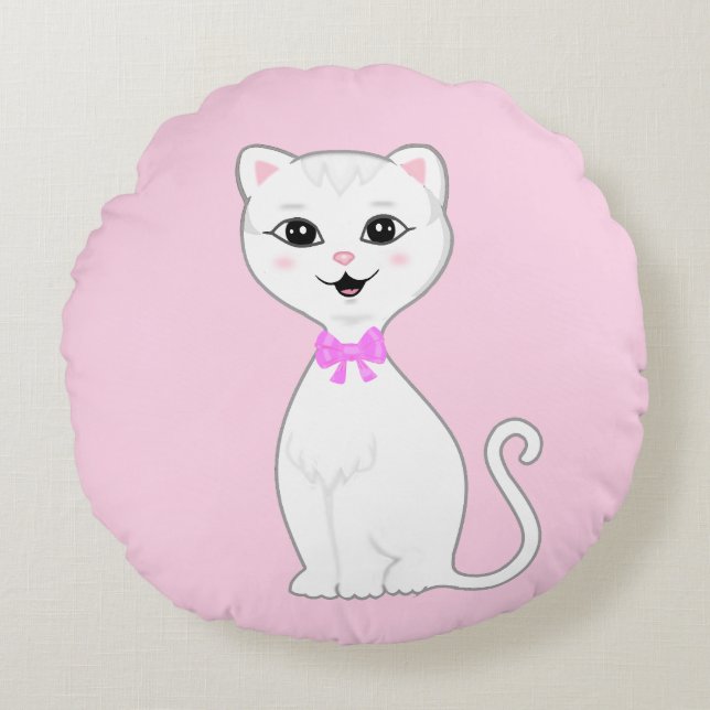 Coussins Ronds Dessin animé de chat blanc intelligent mignon (Devant)
