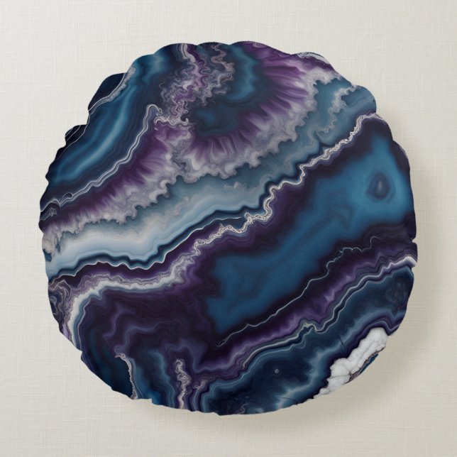 Coussins Ronds dessin de marbre d'agate bleu blanc violet  (Devant)