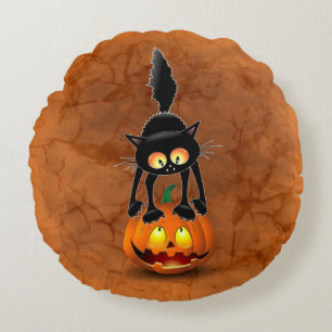 Coussins Ronds Dessin d'Halloween au chat effrayé sur Citrouille