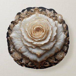 Coussins Ronds Dessin floral en ivoire orné avec rose blanche