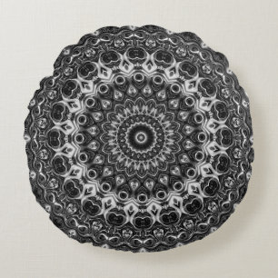 Coussins Ronds Dessin géométrique mandala noir et blanc