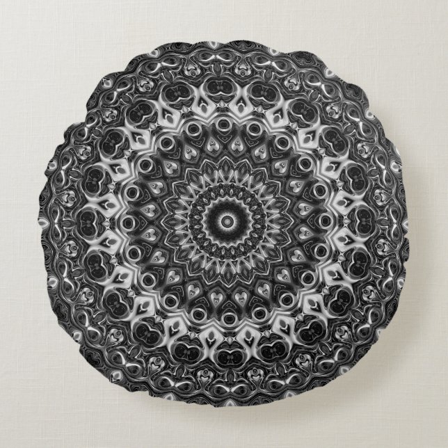 Coussins Ronds Dessin géométrique mandala noir et blanc (Devant)